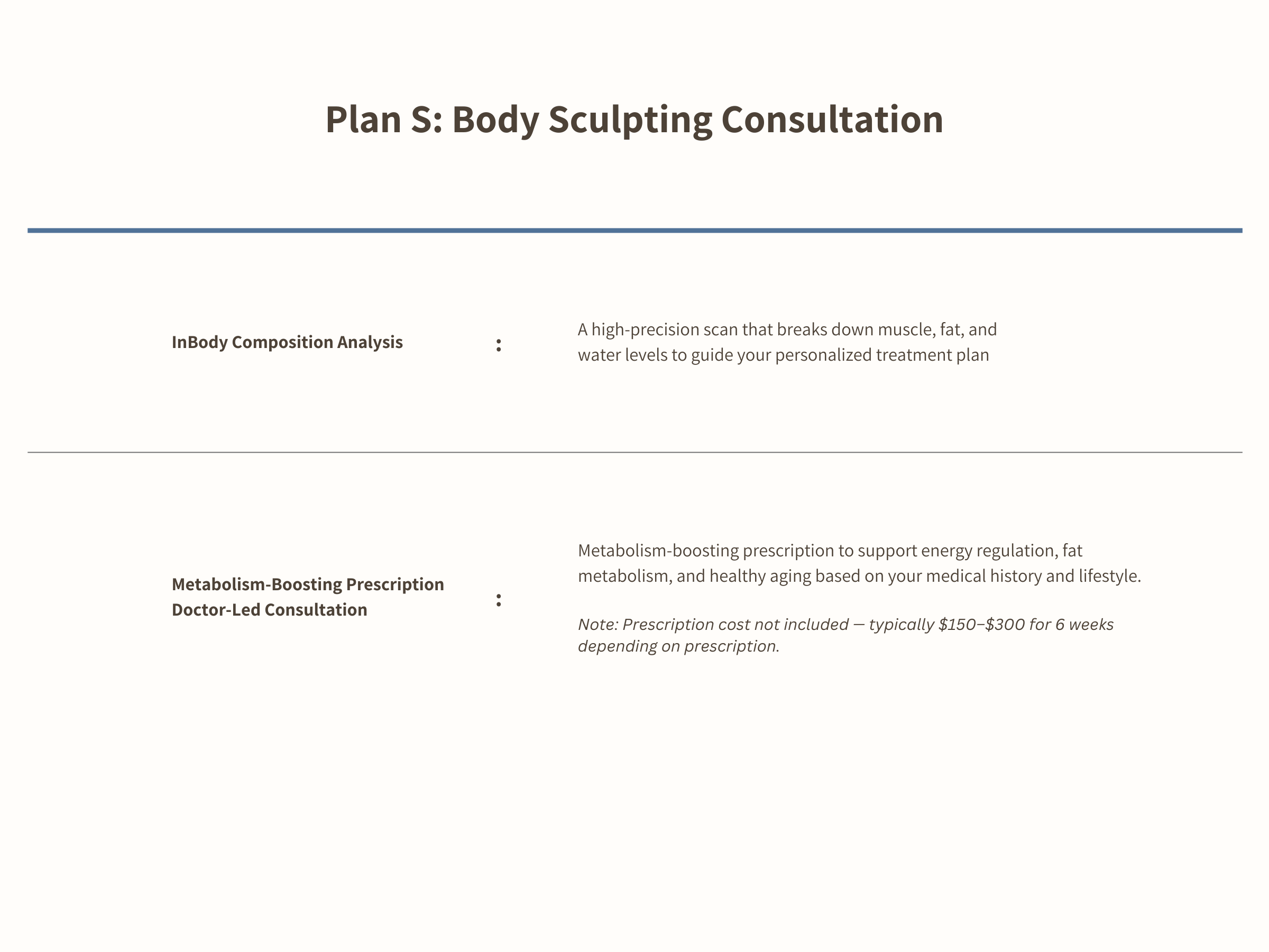 Body sculpting consultation plan with services listed on a white background #Clinic_Plan S