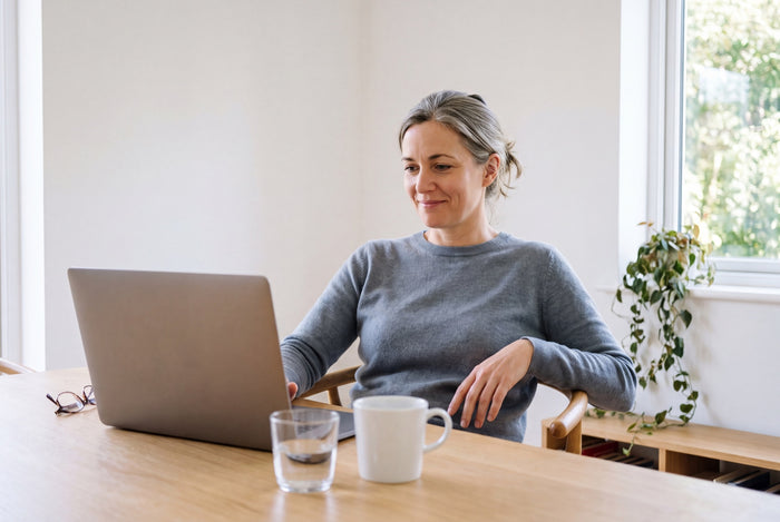 Reading a Himedi health report on a laptop at home