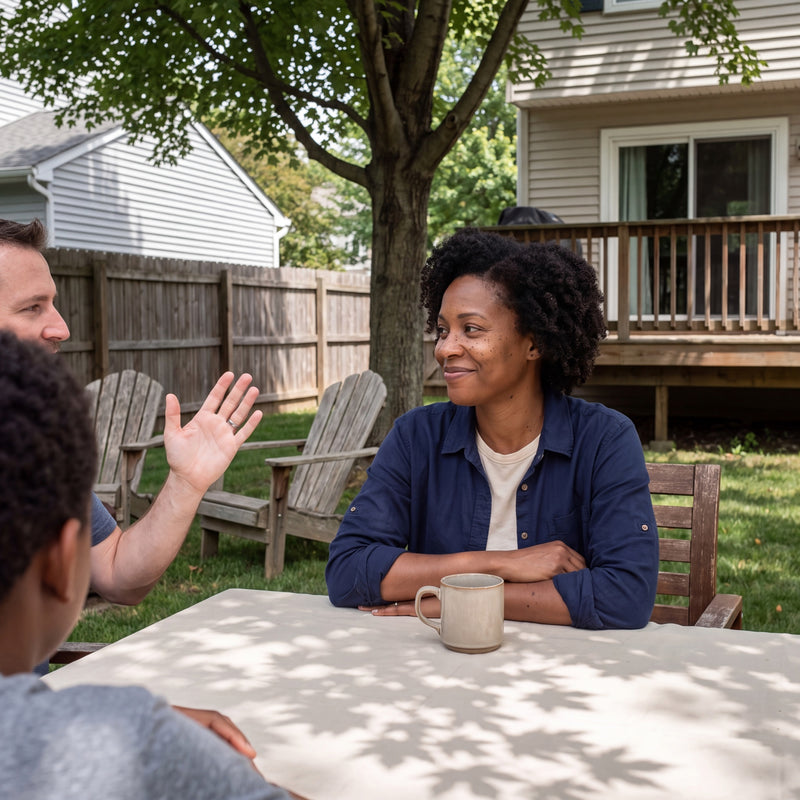 Maya, at a table in her back yard with friends