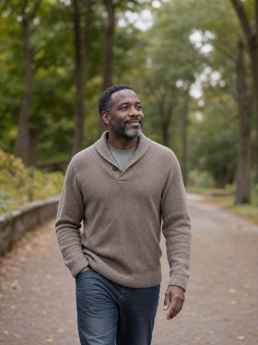 A person taking a calm walk, at ease with their health