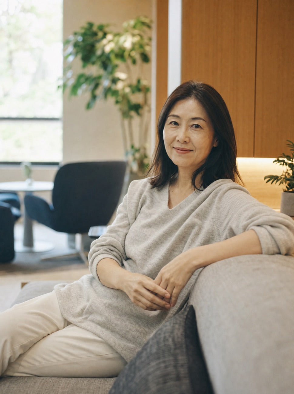 A relaxed patient in a calm, premium checkup lounge